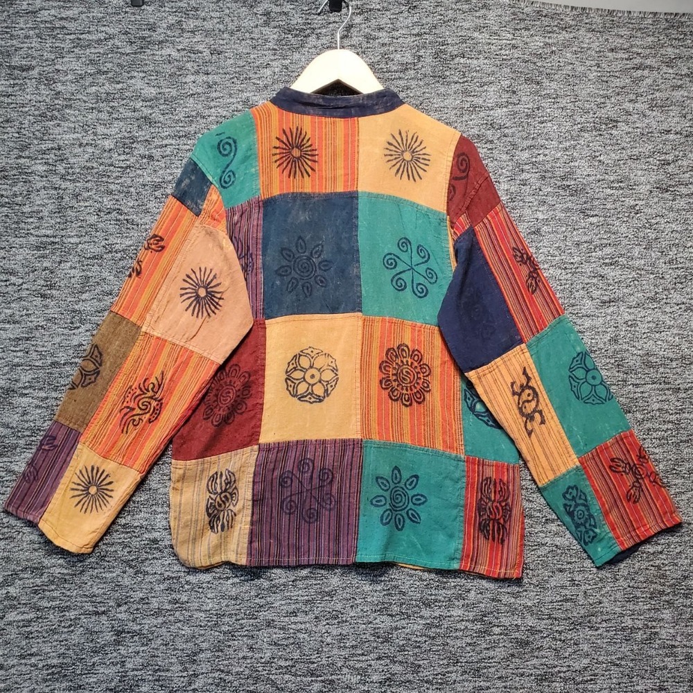 Handmade Nepalese Patchwork Block Print Tunic‎ Shirt Mens Large Blue Orange Boho - Picture 2 of 12